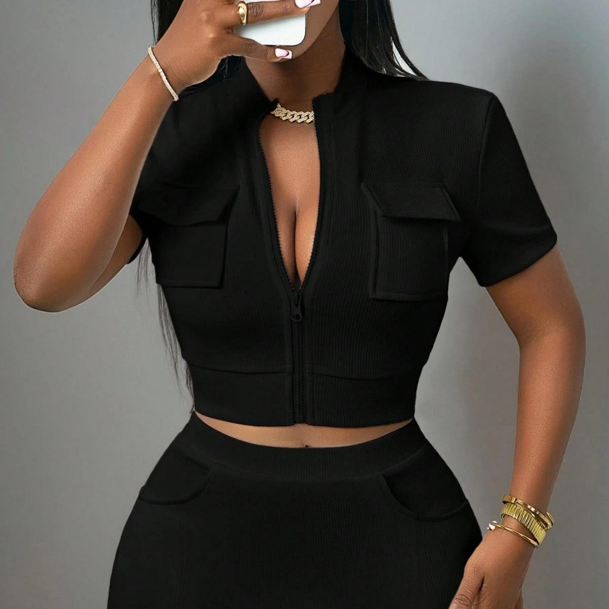 New Black Slim-fit Short-sleeve Top And Sheath Mini Skirt Two-piece Set