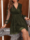 Women's Glitter Mesh Long Sleeve Mini Dress  V Neck Wrap Waist Party Cocktail Dress