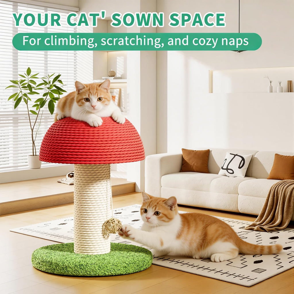 Mushroom Cat Scratching Post 11inch  For Kitten & Small Cats, Mini Cat Tree Stable Base, Natural Sisal Scratcher With Hanging Ball, Space Saving Indoor Cat Toy For Small Spaces And Apartments