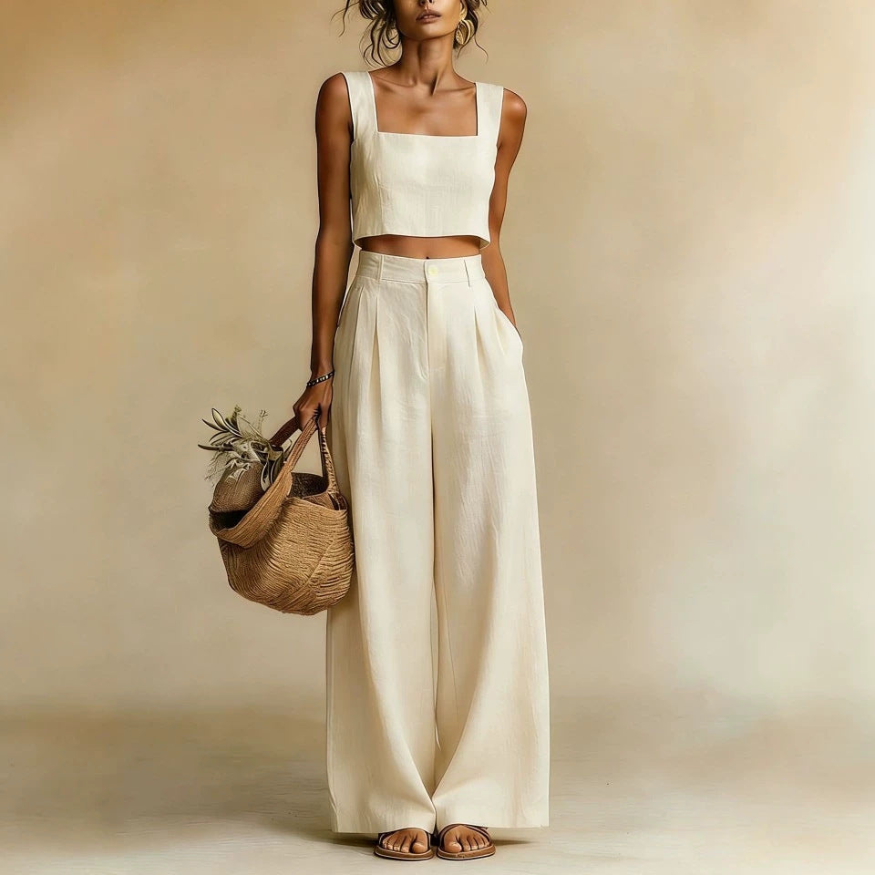 Womens Best-selling Square-neck Wide-leg Pants Set