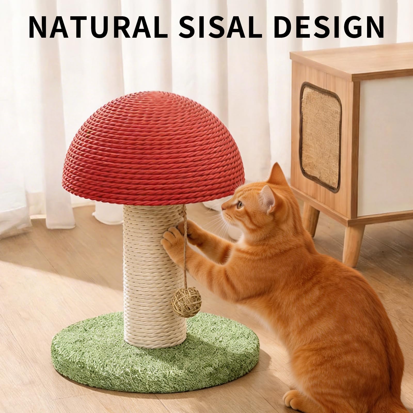 Mushroom Cat Scratching Post 11inch  For Kitten & Small Cats, Mini Cat Tree Stable Base, Natural Sisal Scratcher With Hanging Ball, Space Saving Indoor Cat Toy For Small Spaces And Apartments