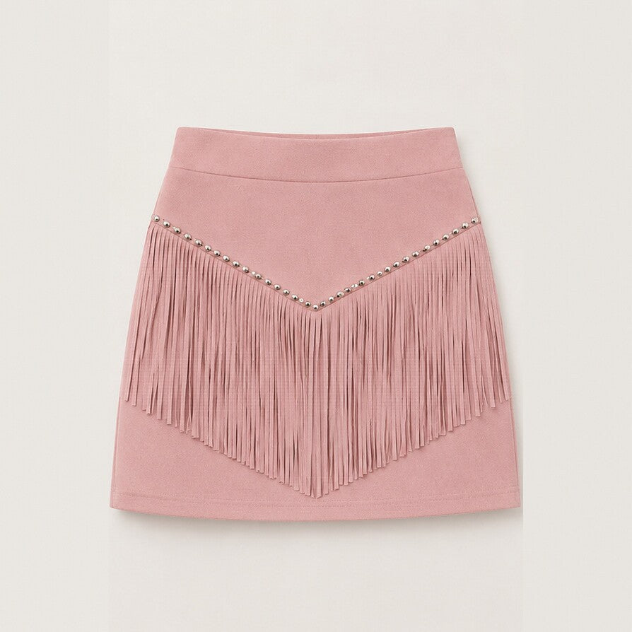 Retro Tassel-studded Faux Suede A-line Mini Skirt