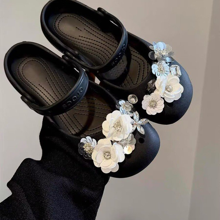 Ballet Shoes Camellia Hollow-out Women's Non-slip Slippers Beach Sandals, Summer Slip-on Seaside Shoes