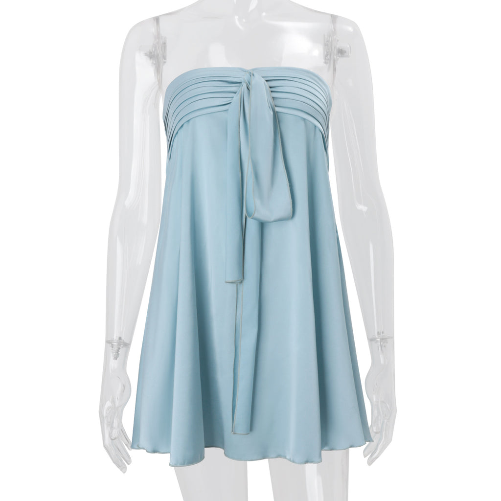 Satin Strapless Bow Front A-Line Mini Dress