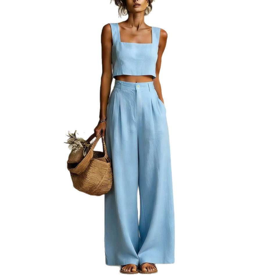 Womens Best-selling Square-neck Wide-leg Pants Set