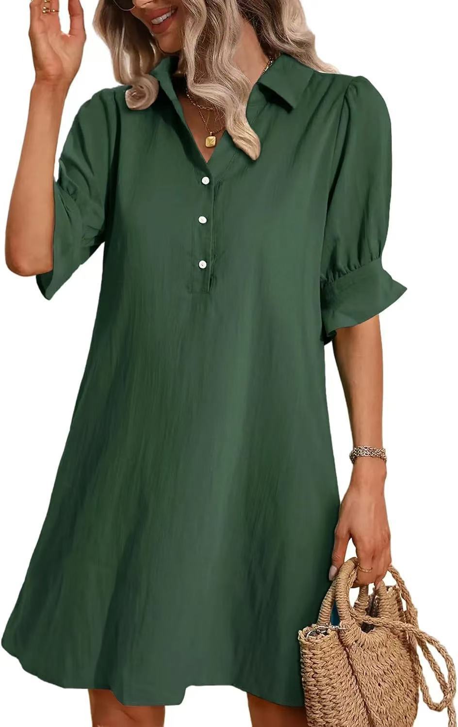 Collared Half Button Puff Sleeve Loose A-Line Cotton Mini Dress