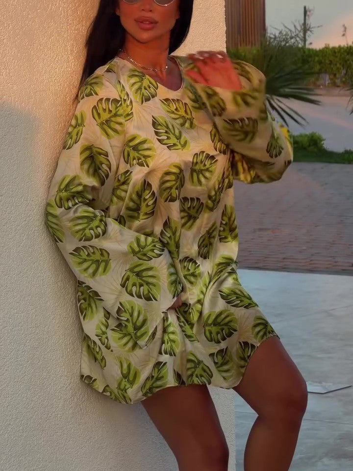 Monstera Leaf Print Long Sleeve Open Back Tie Mini Shirt Dress