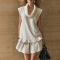 Womens Sleeveless Ruffle-Trim Mini Skirt Casual Set