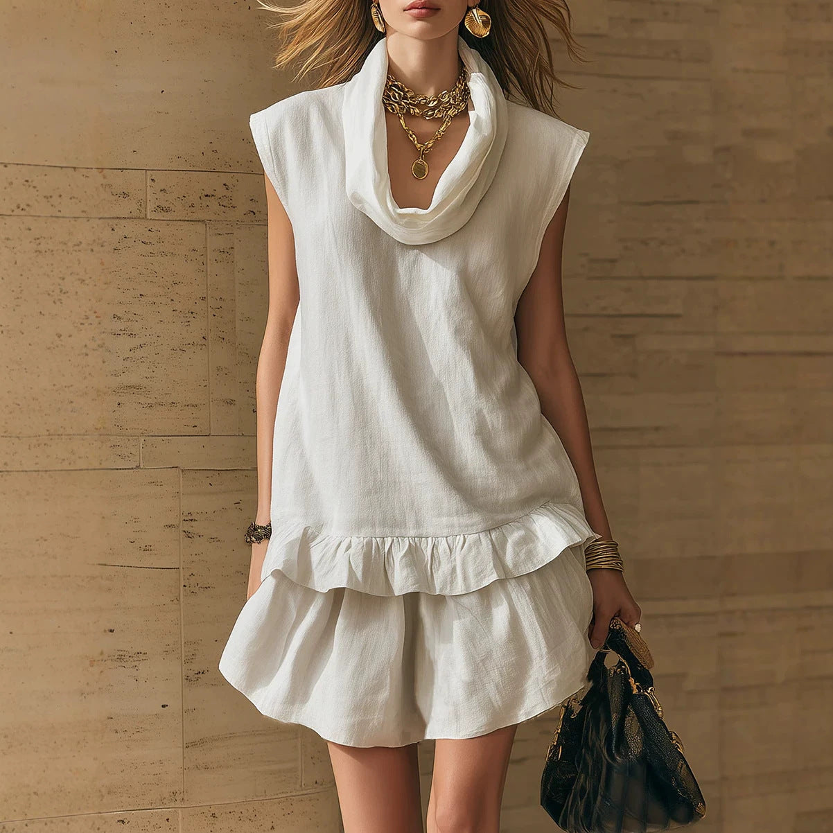 Womens Sleeveless Ruffle-Trim Mini Skirt Casual Set