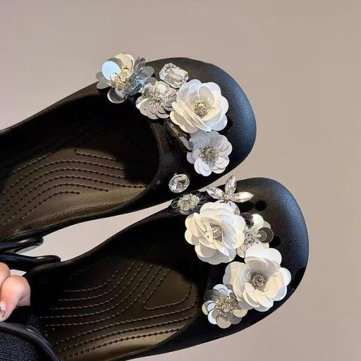 Ballet Shoes Camellia Hollow-out Women's Non-slip Slippers Beach Sandals, Summer Slip-on Seaside Shoes