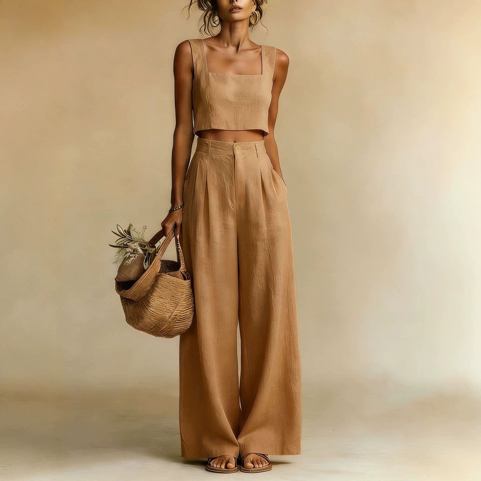 Womens Best-selling Square-neck Wide-leg Pants Set