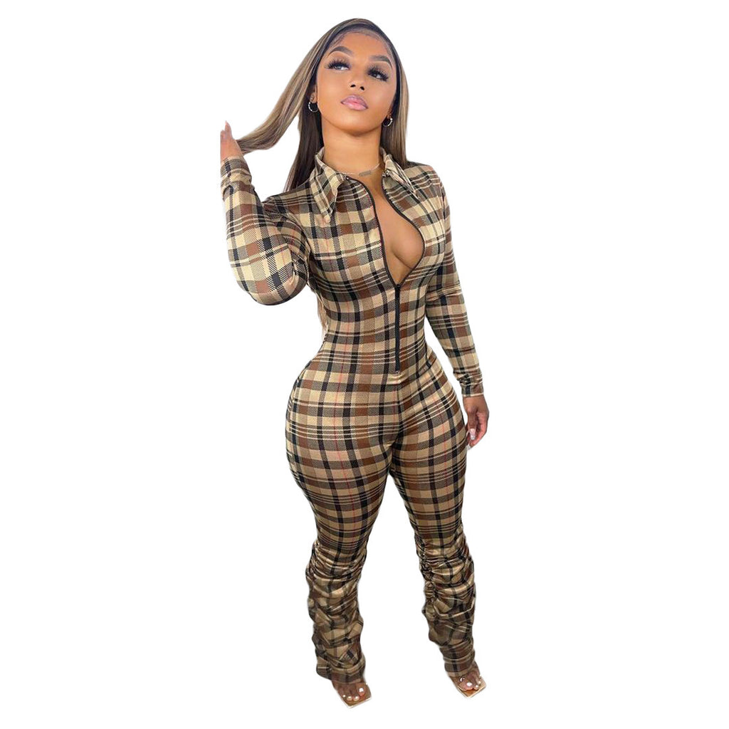 Plaid-printed Lapel Slim-fit Pleated Jumpsuit With A Zipper