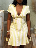Yellow White Vertical Stripe Deep V Neck Puff Short Sleeve Bodycon Flared Mini Dress