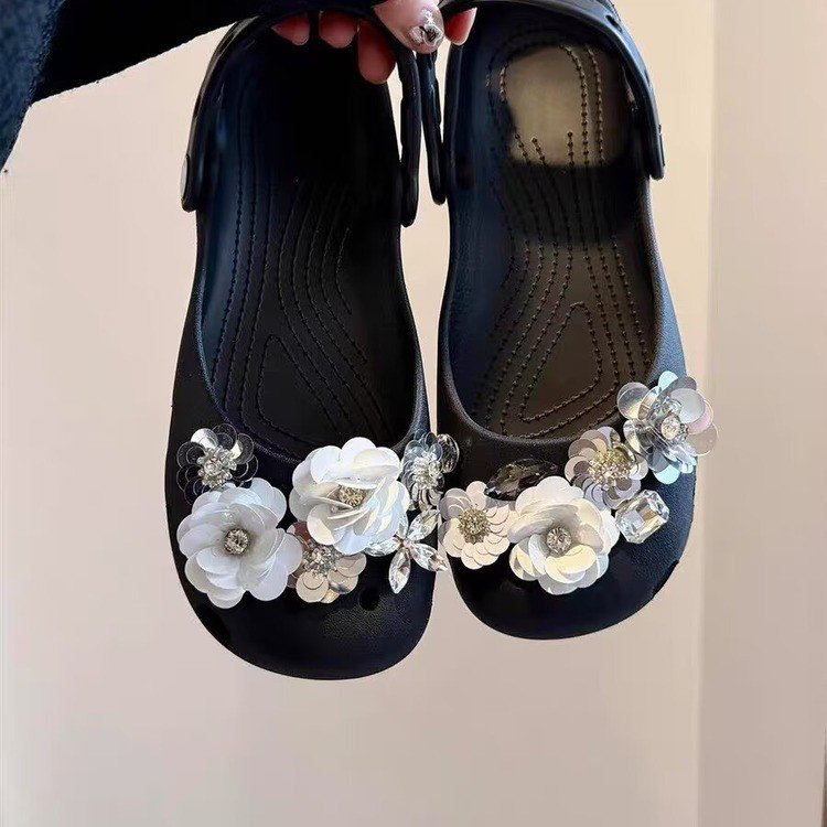 Ballet Shoes Camellia Hollow-out Women's Non-slip Slippers Beach Sandals, Summer Slip-on Seaside Shoes
