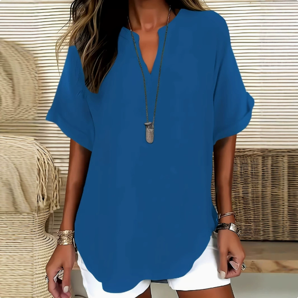 2026 New Women Solid Color Notch V Neck Blouse Casual Nine Points Sleeve Elegant Office Ladies Shirt