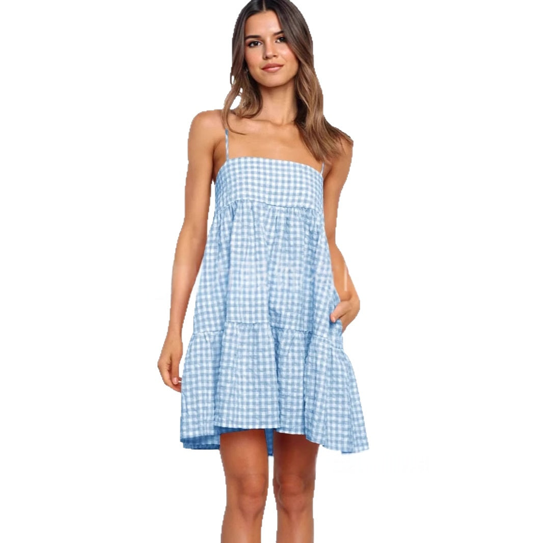 Casual Mini Dress With Shoulder Strap Ruffles And Side Pockets