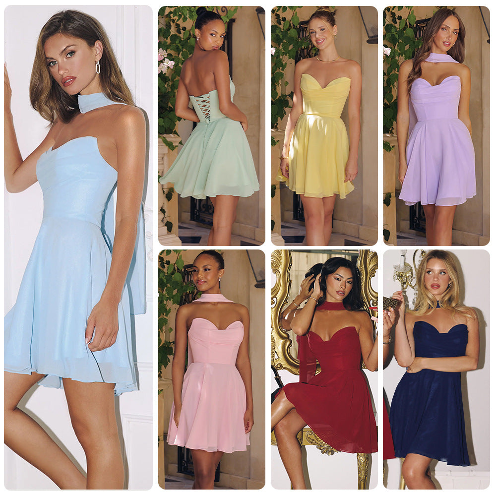 Party-hit Light-blue Halter-neck A-line Mini Skirt With Flowing Ribbons