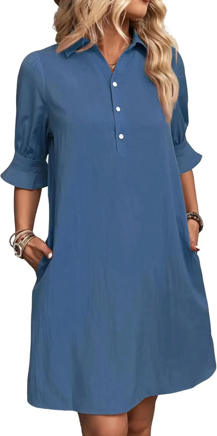 Collared Half Button Puff Sleeve Loose A-Line Cotton Mini Dress