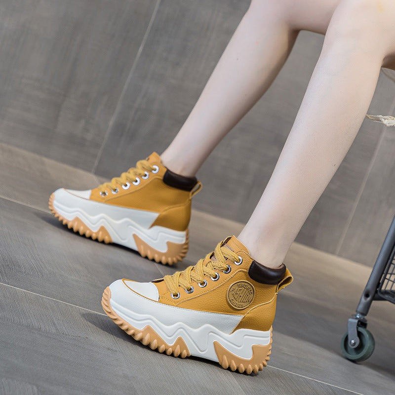 Air-perforated Wedge-heel Height-increasing High-top Casual White Sneakers