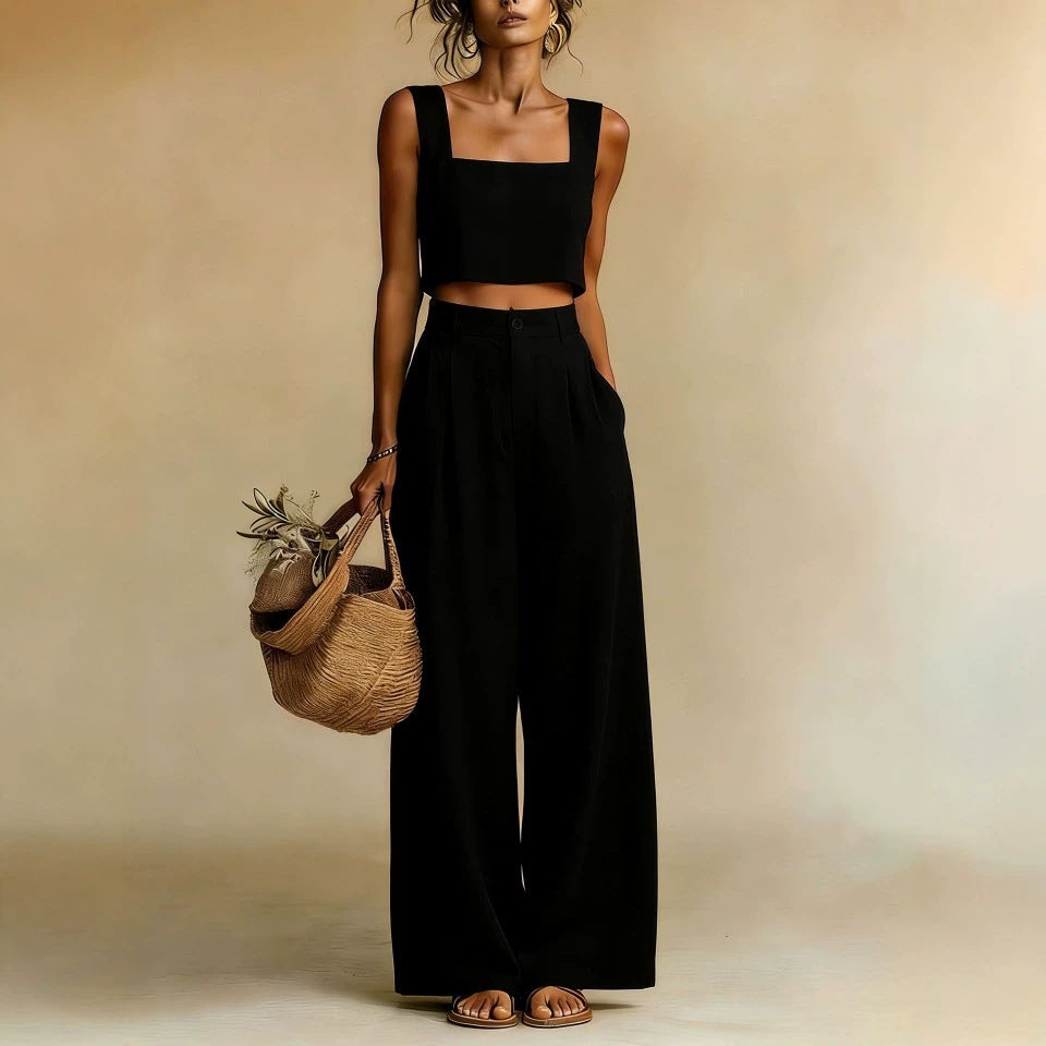 Womens Best-selling Square-neck Wide-leg Pants Set