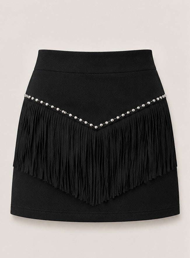 Retro Tassel-studded Faux Suede A-line Mini Skirt