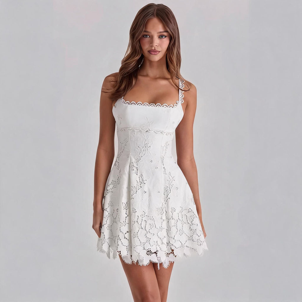 Lace-trimmed Sexy Backless Strap Mini Dress