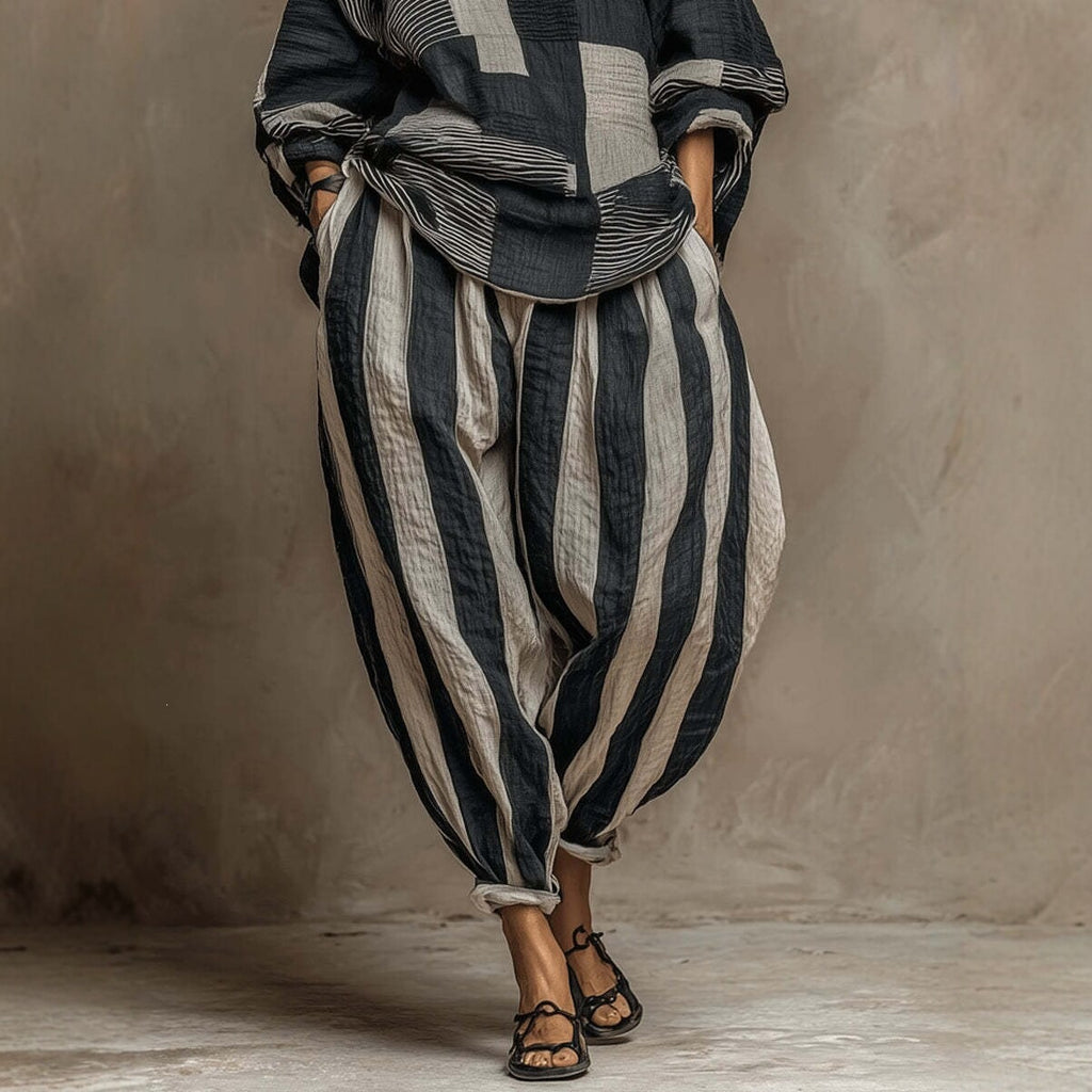 Loose-fit Cotton-linen Striped Set In European And American Style
