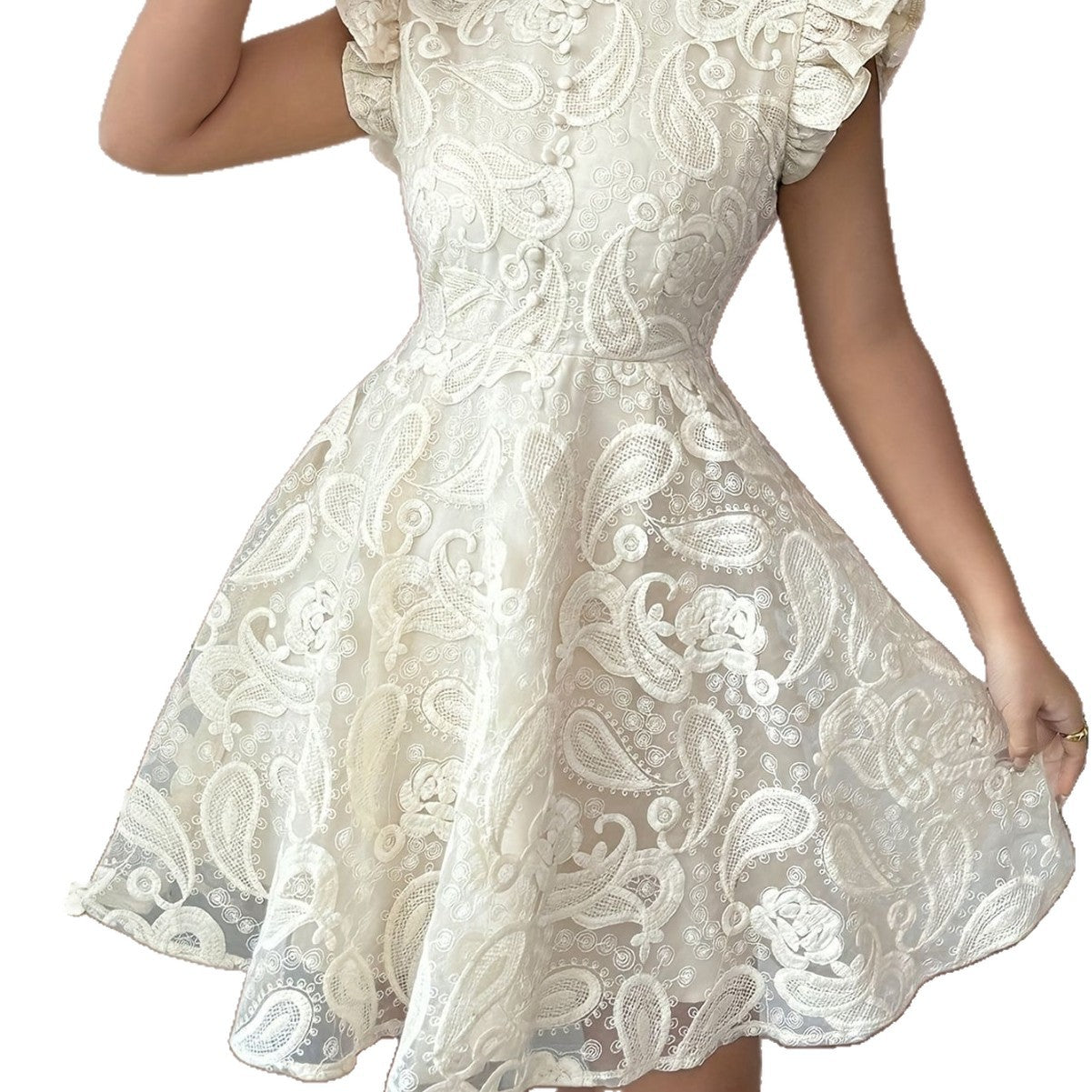 Lace Stand-collar Mini-sleeve Dress For Women