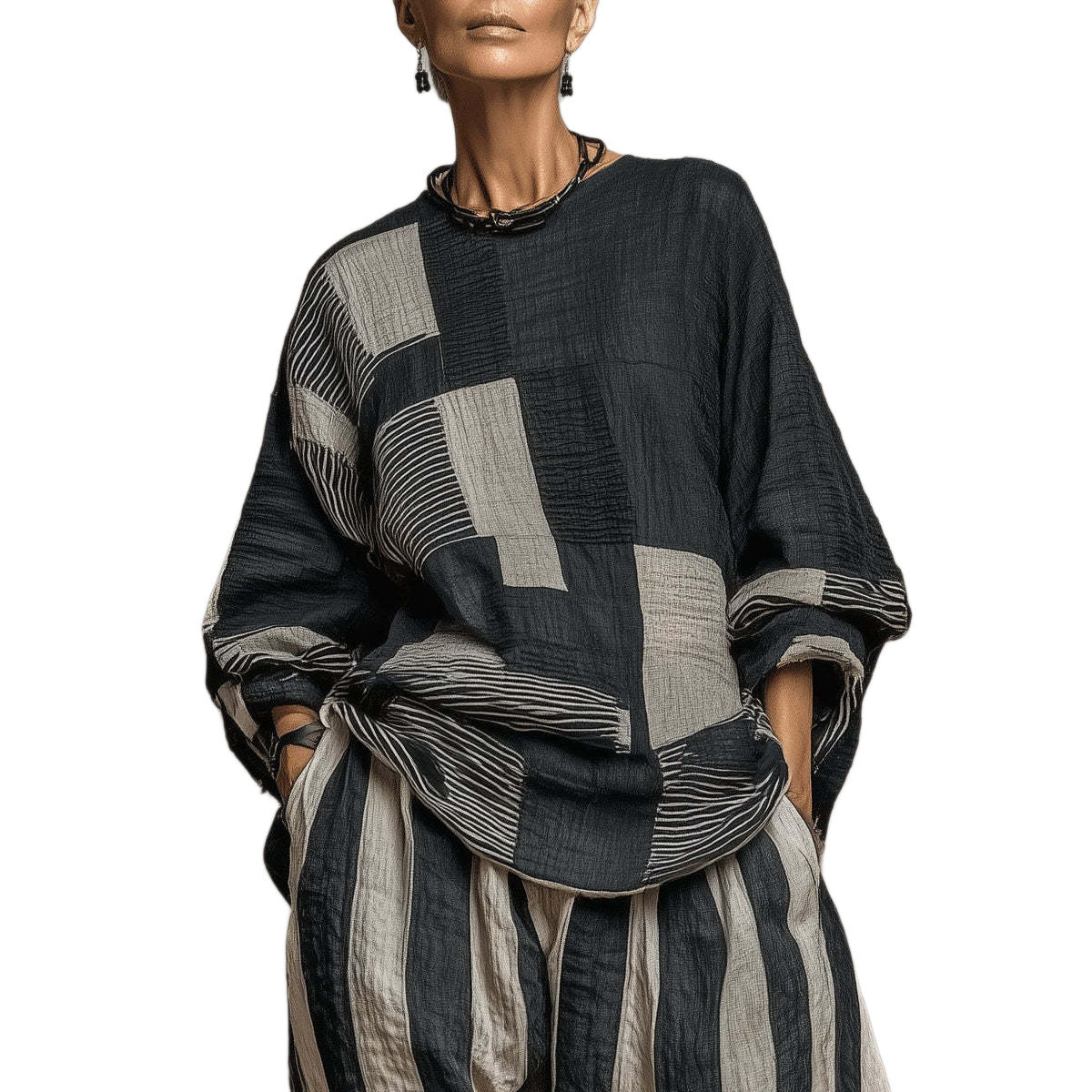 Loose-fit Cotton-linen Striped Set In European And American Style