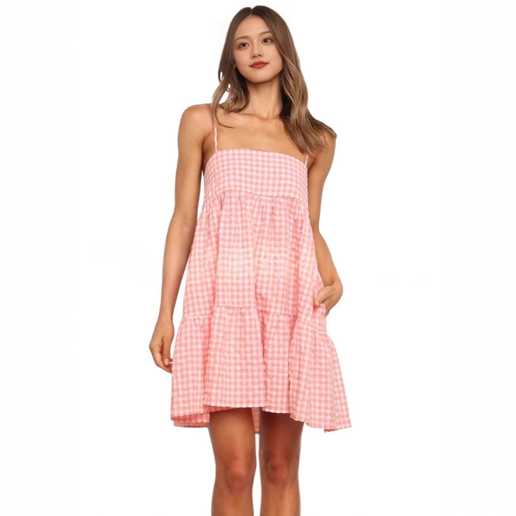 Casual Mini Dress With Shoulder Strap Ruffles And Side Pockets
