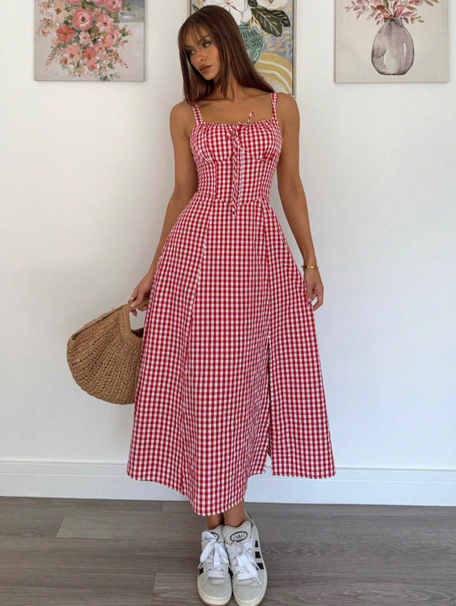 Summer Plaid Sleeveless Strap Dress - Women's Lightweight Casual Mini Dress with V-Neck and A-Line Silhouette