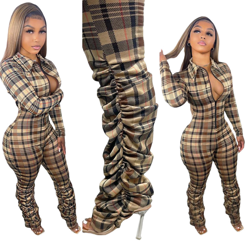 Plaid-printed Lapel Slim-fit Pleated Jumpsuit With A Zipper