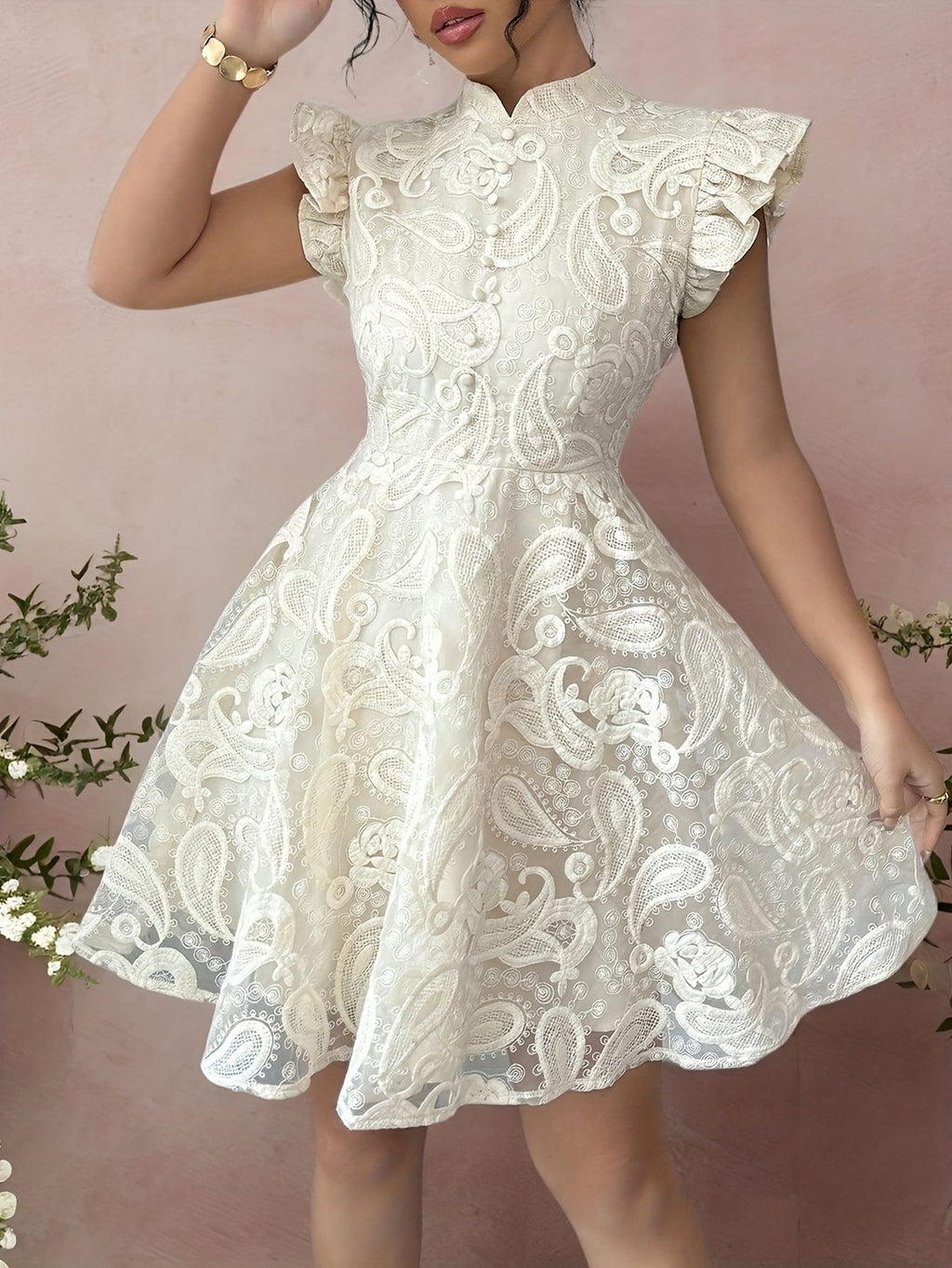 Lace Stand-collar Mini-sleeve Dress For Women