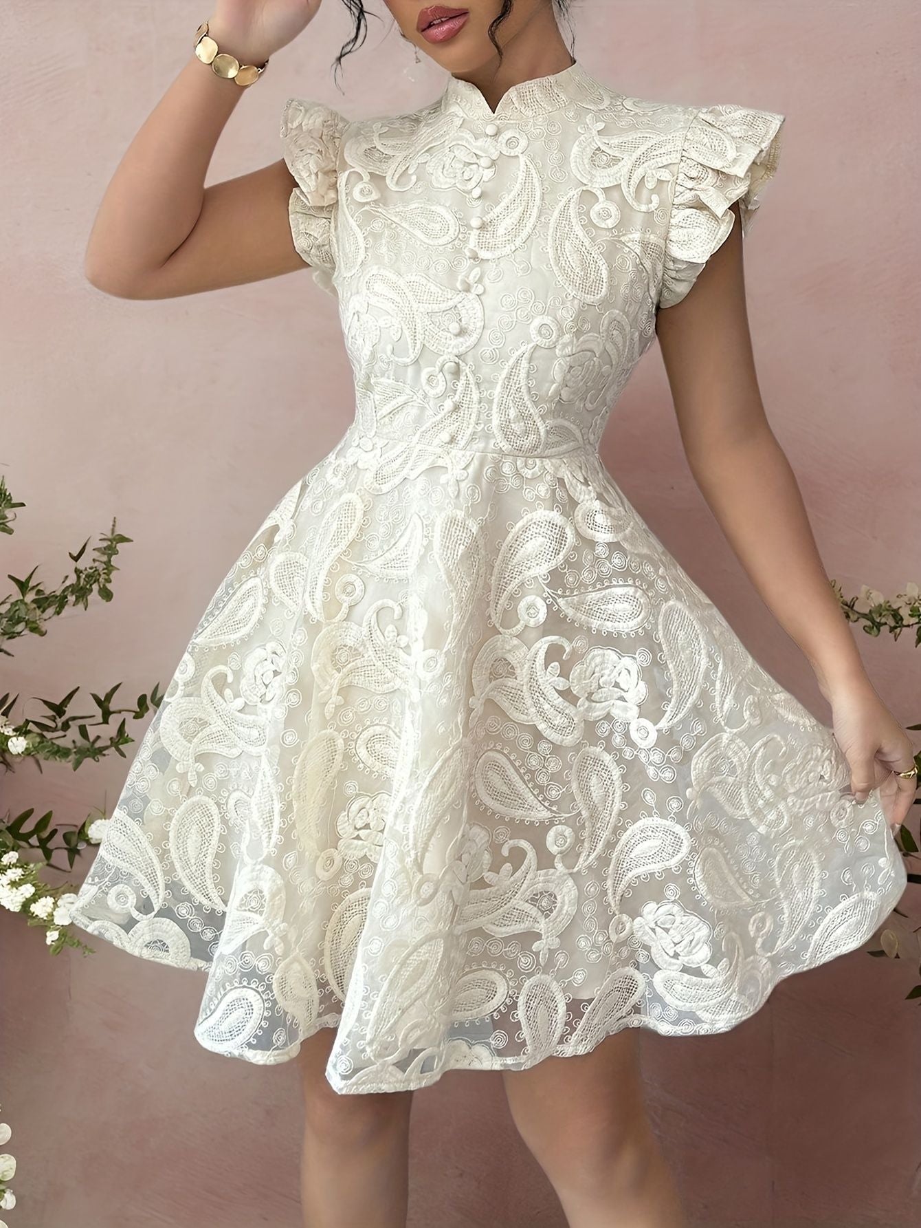 Lace Stand-collar Mini-sleeve Dress For Women