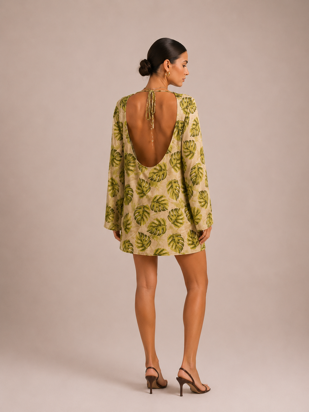 Monstera Leaf Print Long Sleeve Open Back Tie Mini Shirt Dress