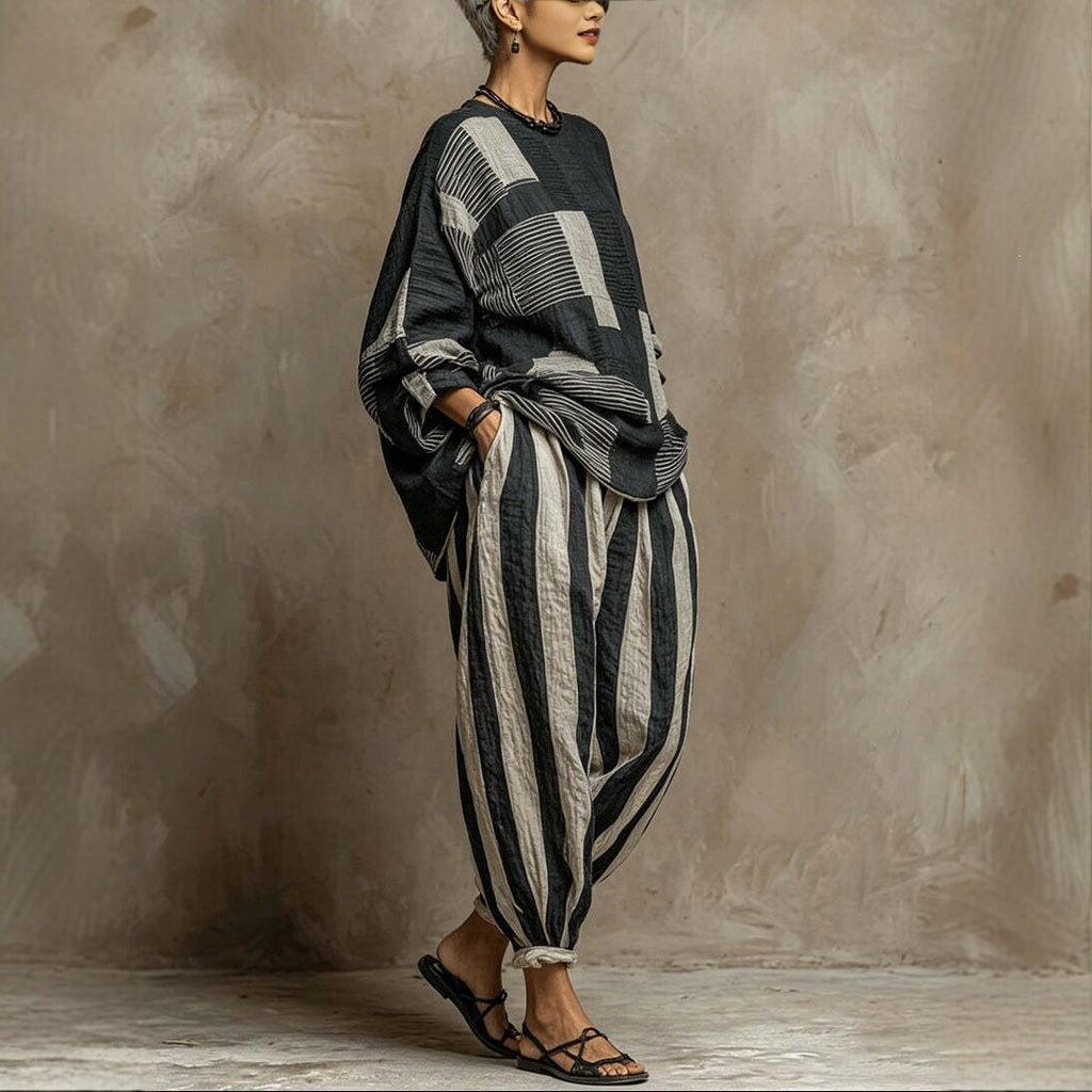Loose-fit Cotton-linen Striped Set In European And American Style