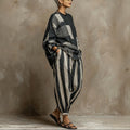 Loose-fit Cotton-linen Striped Set In European And American Style