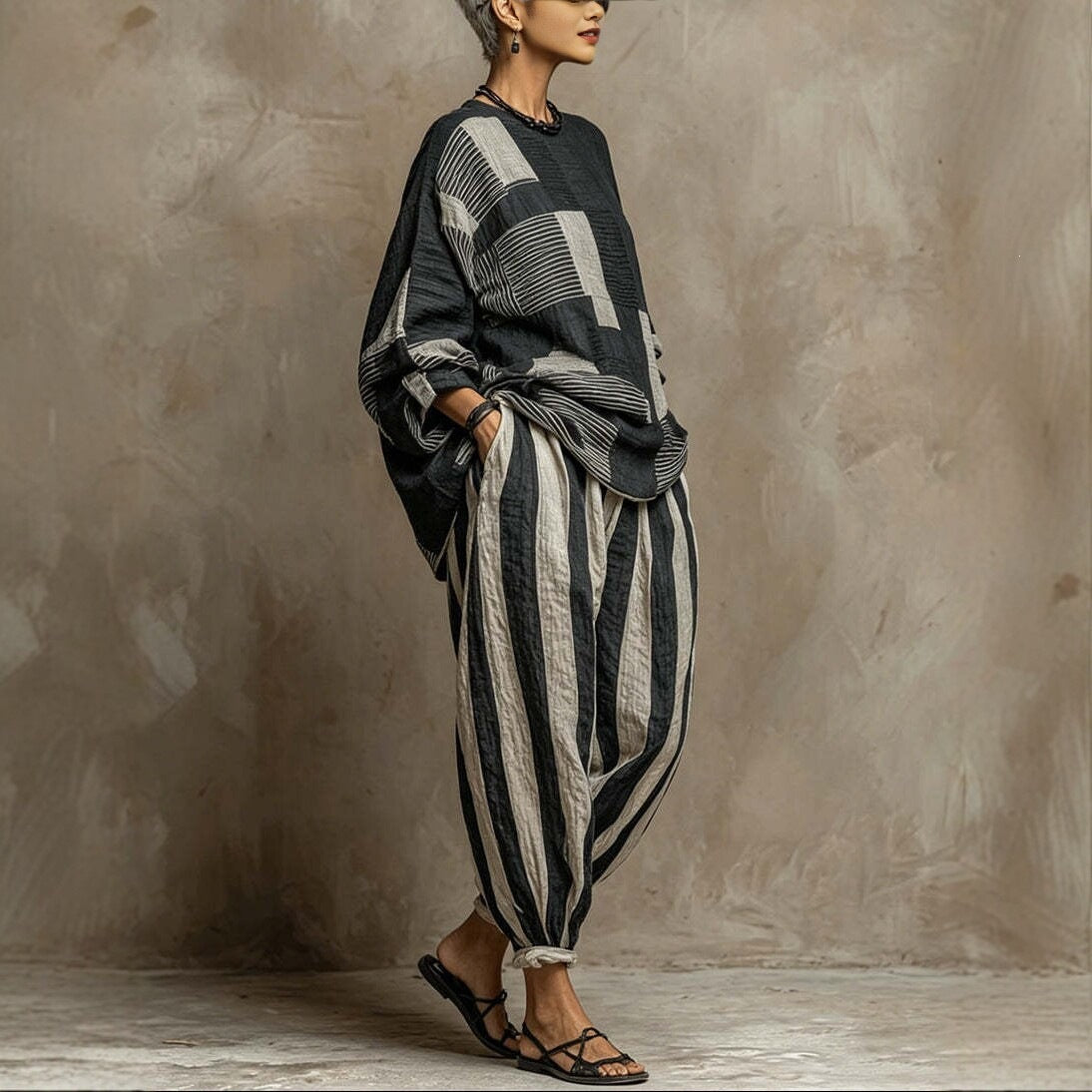 Loose-fit Cotton-linen Striped Set In European And American Style