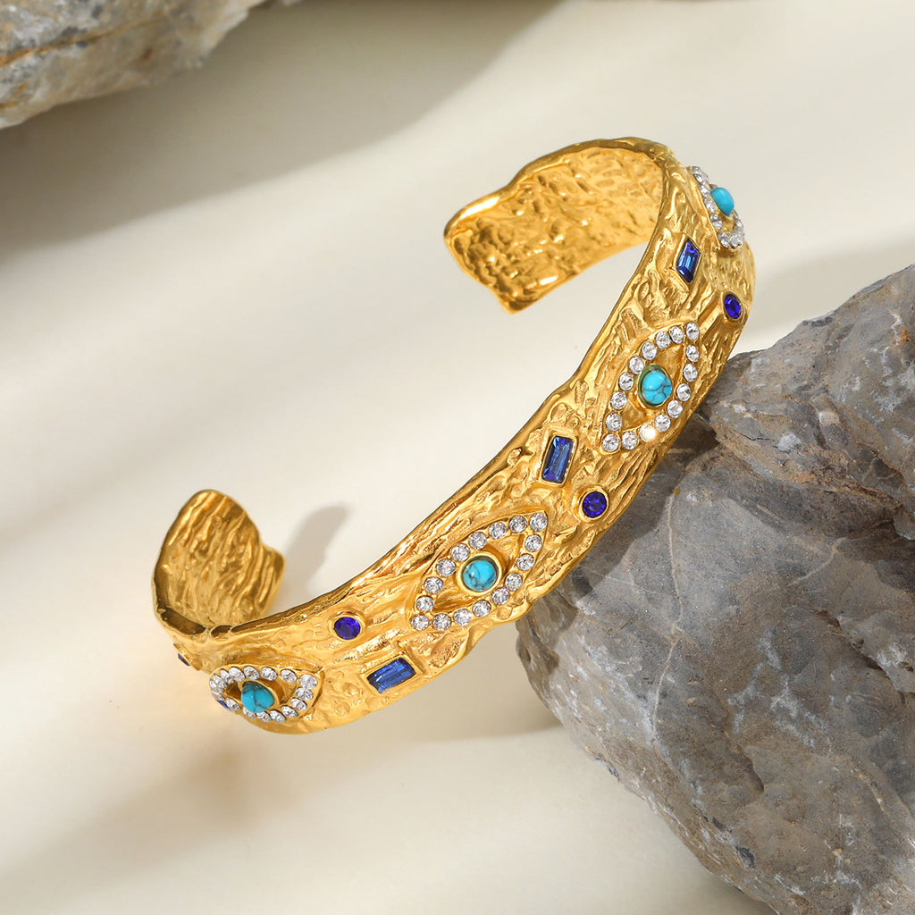 Stainless Steel Zircon Turquoise Eye Open Bracelet In Gold Color