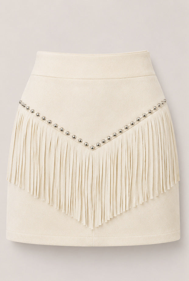 Retro Tassel-studded Faux Suede A-line Mini Skirt