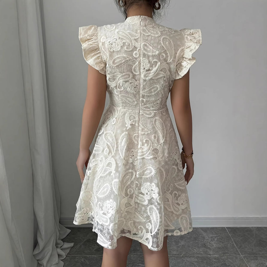 Lace Stand-collar Mini-sleeve Dress For Women