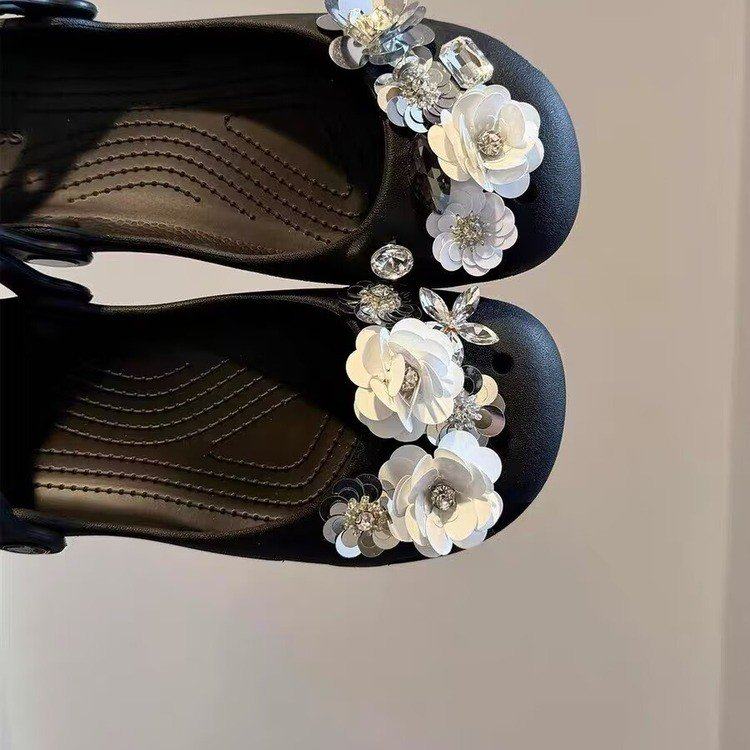Ballet Shoes Camellia Hollow-out Women's Non-slip Slippers Beach Sandals, Summer Slip-on Seaside Shoes