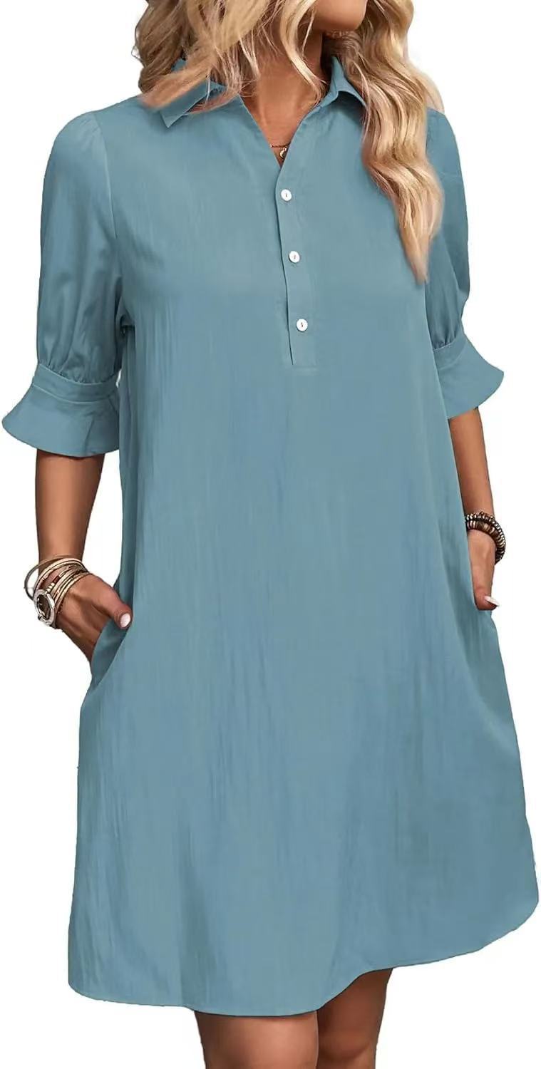 Collared Half Button Puff Sleeve Loose A-Line Cotton Mini Dress