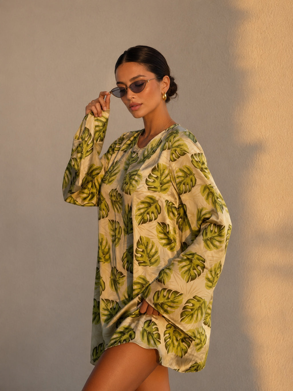 Monstera Leaf Print Long Sleeve Open Back Tie Mini Shirt Dress