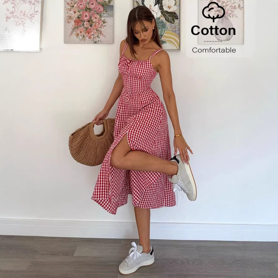 Summer Plaid Sleeveless Strap Dress - Women's Lightweight Casual Mini Dress with V-Neck and A-Line Silhouette