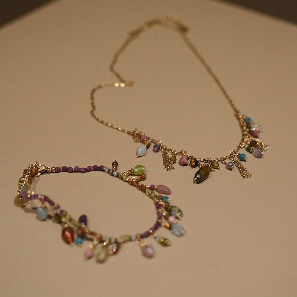 Mini Pearl Colorful Stone And Crystal Bead Necklace And Bracelet For Women