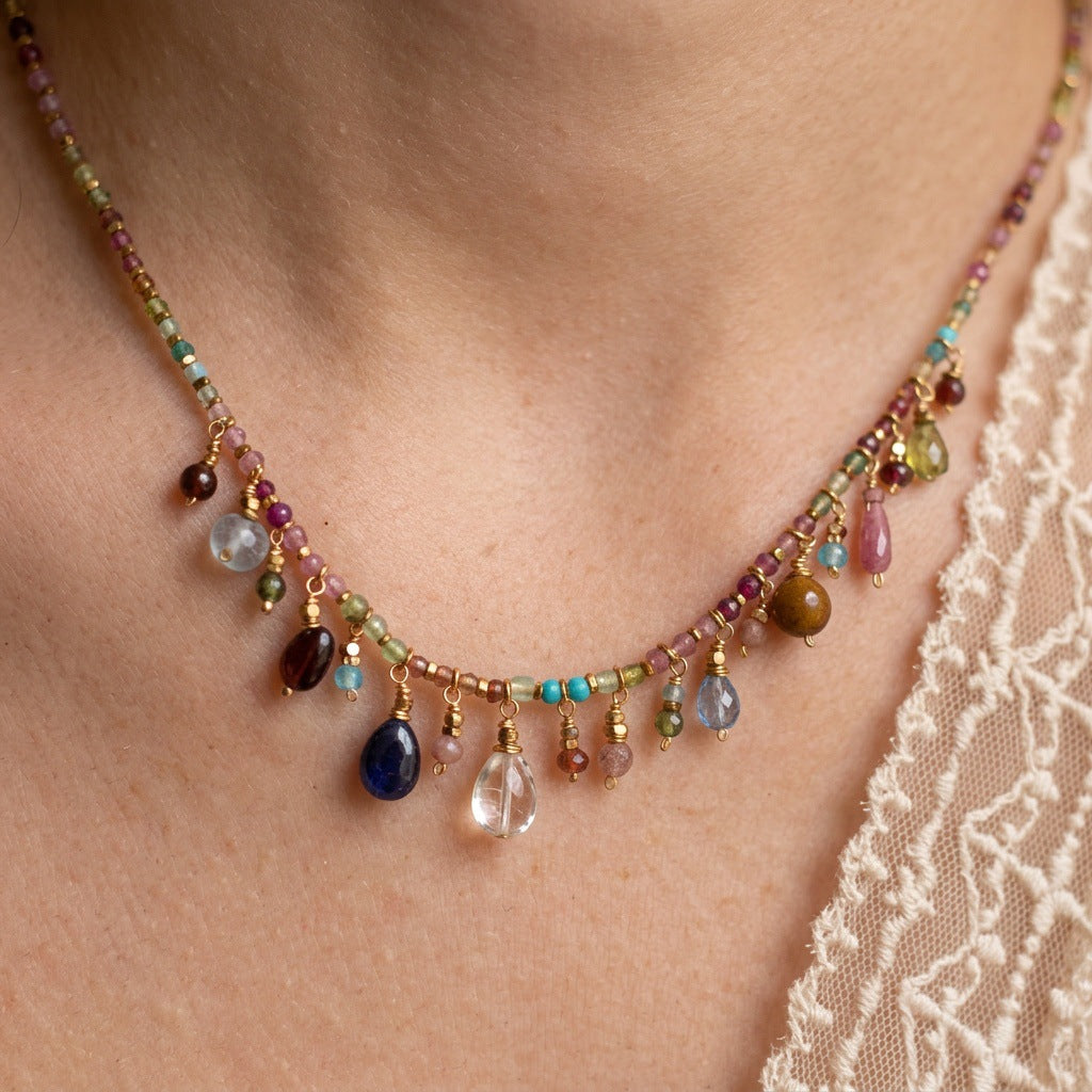 Mini Pearl Colorful Stone And Crystal Bead Necklace And Bracelet For Women