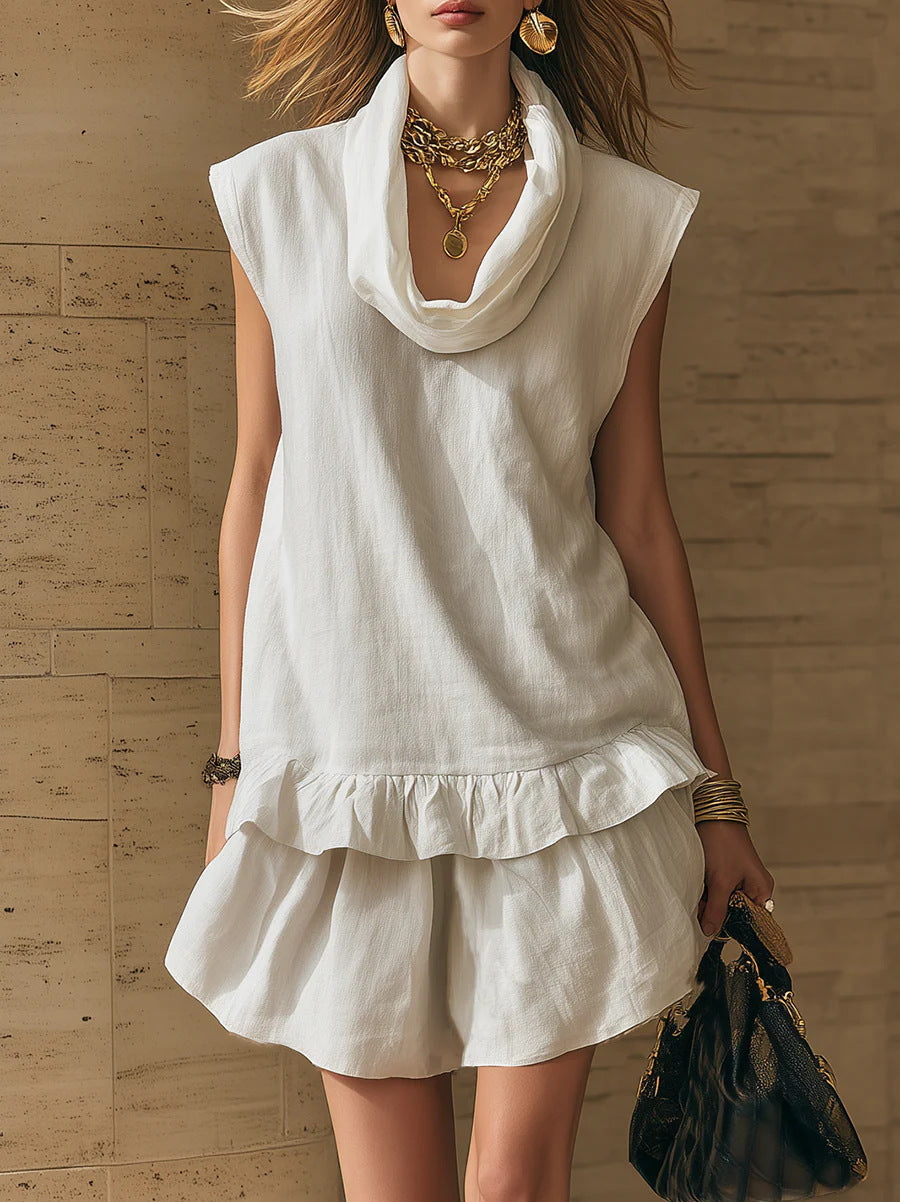 Womens Sleeveless Ruffle-Trim Mini Skirt Casual Set