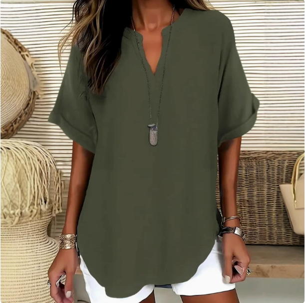 2026 New Women Solid Color Notch V Neck Blouse Casual Nine Points Sleeve Elegant Office Ladies Shirt