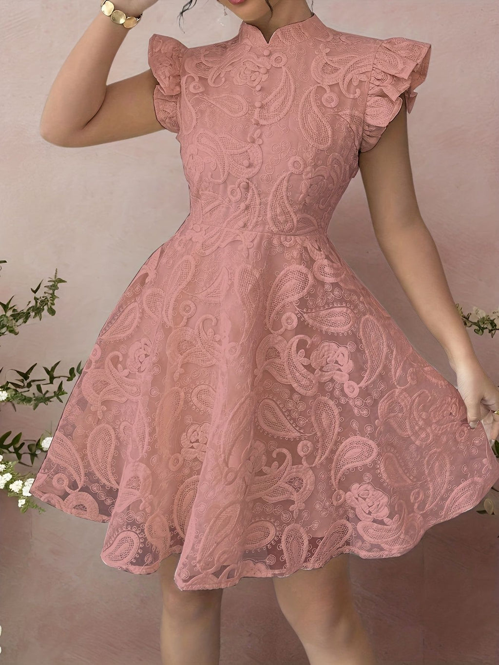 Lace Stand-collar Mini-sleeve Dress For Women